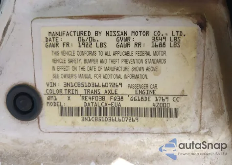 2006 Nissan Sentra 1.8 from USA, damaged, VIN 3N1CB51D36L607269